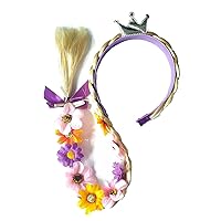 Princess Rapunzel Long Braided Wig Headbands with Tiara Flowers Adorn, Princess Dress up Wigs for Girls Costume Accessories