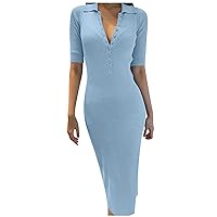 Women's Fashion Casual Summer Wrap V Neck Button Solid Color Short Sleeve Dress Long Sleeved Womens Dresses