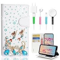 STENES Bling Wallet Phone Case Compatible with iPhone 14 Plus Case - Stylish - 3D Handmade Butterfly Mermaid Design Leather Cover with Cable Protector [4 Pack] - Light Blue