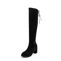 Women Trendy Over The Knee Boots Round Toe Thigh High Block Mid Heels Lace Up Dress Long Boots Black