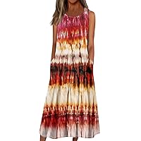 Summer Sundress Maxi Dresses for Women 2024 Summer Casual Print Bohemian Beach Dress Sleeveless Crewneck Dress with Pockets Multicolor Small