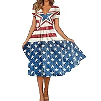Summer Dresses for Women 2024 Short Sleeve American Flag Swing Sundress Floral July 4th Patriotic T-Shirt Dress