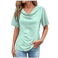 Summer Tops for Women 2024 Trendy Ruched Cowl Neck Shirts Elegant Dressy Casual Blouse Short Sleeve Tunic Clothes