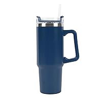30 oz Tumbler Mug with Lid and Straw, Reusable Insulated Mug with Handle, Stainless Steel Tumbler for Iced & Hot Beverages, Navy Blue