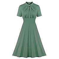 Wellwits Women's Keyhole Bow Tie Front 1940s Vintage Collared Cocktail Dress