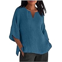 Linen Shirts for Women 3/4 Sleeve Crewneck Oversized T Shirts Loose Casual Blouses Lightweight Trendy Summer Tops