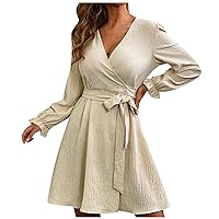 Women's Casual Dresses Fashion Casual Solid Color V-Neck Drawstring Sleeves Patchwork Dress