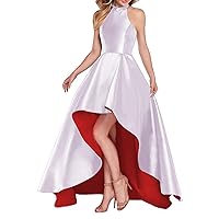 Halter Prom Dresses with Pockets Stain Sleeveless Backless High Low Bridesmaid Dress for Women