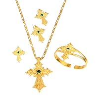 Ethiopian Stone Color Cross Jewelry Set Gold Color Necklace Earrings Ring Bangle