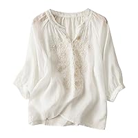 Cotton Linen Tops for Women 3/4 Sleeve Summer Floral Embroidery Blouses Casual Vintage Loose Notched Neck Tunic Shirts
