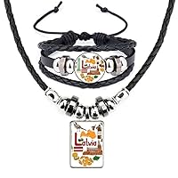 Latvia Love Heart Landscap National Flag Leather Necklace Bracelet Jewelry Set