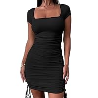 Women's Square Neck Short Sleeve Summer Ruched Bodycon Mini Dress Side Drawstring Clubwear Casual Dresses