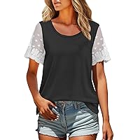 COTECRAM Womens Lace Short Sleeve V Neck T Shirts Summer Casual Tops Loose Fit Tees Ladies Dressy Blouses 2024 Trendy