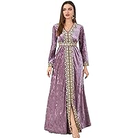 Embroidery Velour Abayas for Women Long Sleeve Split Dresses Wedding Party V Neck Long Maxi Dress