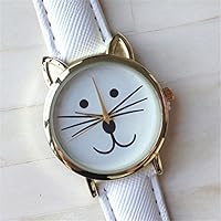 U-beauty Unisex Men Women Lady Girls Smiley Cat Leather Watches Quartz Wristwatch (Black) (White)