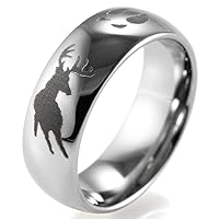 Men's 8mm Polished Domed Tungsten Ring with Engraved Deer and Track