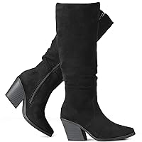 Putu Women's Pointed Toe Knee High Boots Faux Suede Stacked Chunky Heel Boots Side Zipper Slouchy High Boots