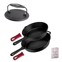 Pre-Seasoned Cast Iron Skillet 2-Piece Set (10-Inch and 12-Inch) Oven Safe Cookware + Grill Press - Cast Iron Burger Press for Bacon, Steak and Smashed Hamburgers - 7.5