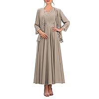 Sparkly Beaded Lace 2 Piece Mother of The Bride Dresses with Jacket 3/4 Sleeve Formal Evening Gown with Pockets
