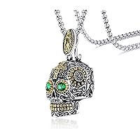 Gothic Skeleton Sugar Skull Necklace with Green Eyes Stainless Steel Punk Biker Mens Pendant 24 Inch Chain