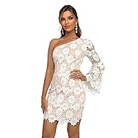 Womens Summer Dresses One Shoulder Long Sleeve Guipure Lace Bodycon Short Dress