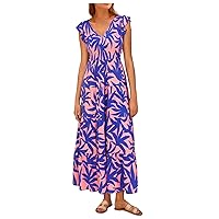 Cocktail Dresses for Women,Women's Summer Flowy Maxi Dress Casual Cap Sleeve V Neck Smocked Beach Summer Dress