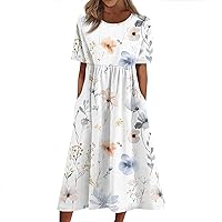 Summer Dresses for Women 2024 Floral Print Short Sleeve Crewneck Maxi Swing Prom Party Dresses with Pockets Vacation