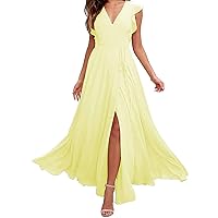 V Neck Ruffled Chiffon Prom Bridesmaid Dresses Long Formal Evening Gown with Slit