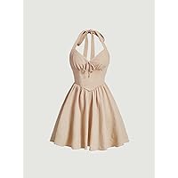 Dresses for Women Solid Ruched Bust Tie Front Halter Dress (Color : Apricot, Size : Large)