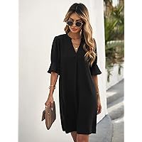 Fall Dresses for Women 2023 Notched Neck Flounce Sleeve Tunic Dress Dresses for Women (Color : Black, Size : Large)