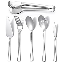 Serving Utensils, Set of 6 Large Serving Spoons Forks Tongs Butter Knife and Pie Server, Thickened Stainless Steel Buffet Catering Flatware Serving Set for Party Banquet