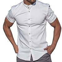 Men's Banded Collar Dress Shirts Lightweight Button Up Short Sleeve Casual Work T Shirt Athletic Fit Beach Summer Yoga Tops