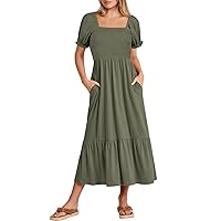 ANRABESS Womens 2024 Summer Casual Dress Short Puff Sleeve Square Neck Tiered Flowy Midi Sundresses Beach Travel Dresses
