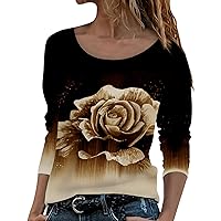 Sheer Tops for Women Womens Long Sleeve Round Neck Rose Flower Print T Shirt Top Long Sleeve Shirts for Women