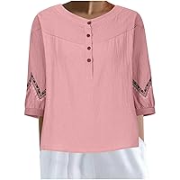 Women's Vintage Embroidered 3/4 Sleeve Blouse Summer Button Crewneck Henley Shirts Casual Loose Fit Short Tee Tops