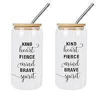 2 Pack Glass Tumbler with Straw Kind Heart Fierce Mind Brave Spirit Glass Cup Glass for Mother Day Cups Great For For Iced Coffee Cocktail Tea Juice
