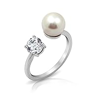 Amazon Essentials Platinum Plated Sterling Silver Infinite Elements Cubic Zirconia Freshwater Pearl Ring (previously Amazon Collection)