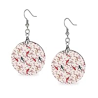 Japanese Koi Fish Cherry Blossoms Wooden Earrings Lightweight Dangle Round Earrings for Women Girls Jewelry