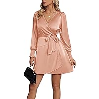 LYANER Women's Satin V Neck Tie Wasit Ruffle Hem Long Sleeve Mini Dress with Belt