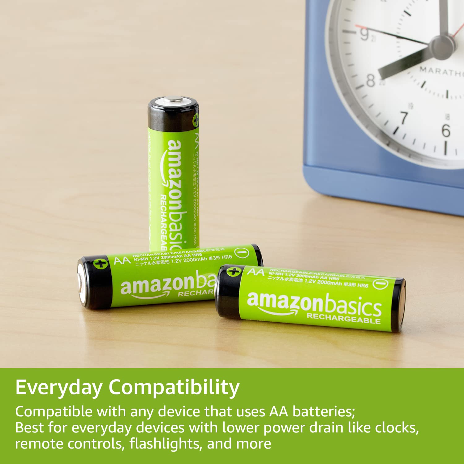 Amazon Basics Rechargeable AA NiMH Batteries, 2000 mAh, Recharge up to 1000x, Pre-Charged - Pack of 8