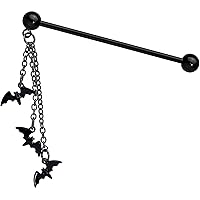 Body Candy Womens 14G Black PVD Steel Helix Cartilage Earring Bats Chain Dangle Industrial Barbell 1 1/2