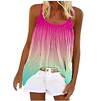 Womens Summer Neon Tank Tops Spaghetti Strap Pleated Cami Shirts Cute Gradient Print Beach Camisoles Vacation Outfits