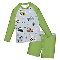 Baby Boys Rash Guard Sets Green Construction Vehicles Toddler Long Sleeve 2 Piece Swimsuit UV Sun Protection (3T-10)