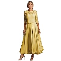 Tea Length Mother of The Bride Dresses for Wedding - Lace Chiffon Formal Gown Half Sleeve