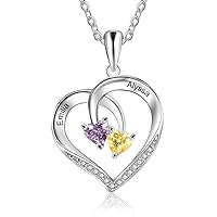 Solid 10K/14K/18K Gold Real Diamond Personalized 2 Heart Birthstone Mom Necklace with Name Customized Engraved 2 Name Necklace Mother’s Day Gemstone Jewelry Gift
