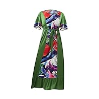 Ribbed Dress for Women,N Ladies Plus Size Summer Dress Round Neck Short Sleeve Ruffle Cuff Skirt Floral Print B