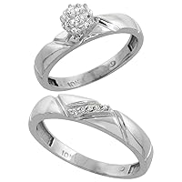 Genuine 10k White Gold Diamond Trio Wedding Sets for Him and Her Zigzag Grooves 3-piece 4.5mm & 4mm wide 0.10 cttw Brilliant Cut sizes 5-14