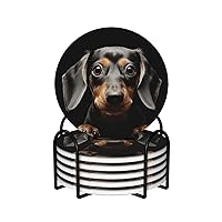 Coaster for Drink Ceramics Coaster Set of 6 Heat Resistant Drink Coasters with Holder Pad Dachshund Coffee Cup Mat Tabletop Protection Cup Pad Round Coasters for Kitchen