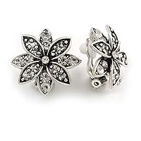 Vintage Inspired Crystal Floral Clip On Earrings In Aged Silver Tone Metal - 20mm D