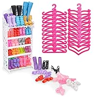 E-TING 60 PCS Pink Plastice Little Hangers and 1 Doll Shoes Rack Shoes Shelf Cupboard Accessory with 20 Pairs High Heel Shoes Boots for 11.5 inch Girl Doll Playset Accessories